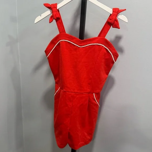 Janie and Jack Red Romper with White Trim - Picture 2 of 9